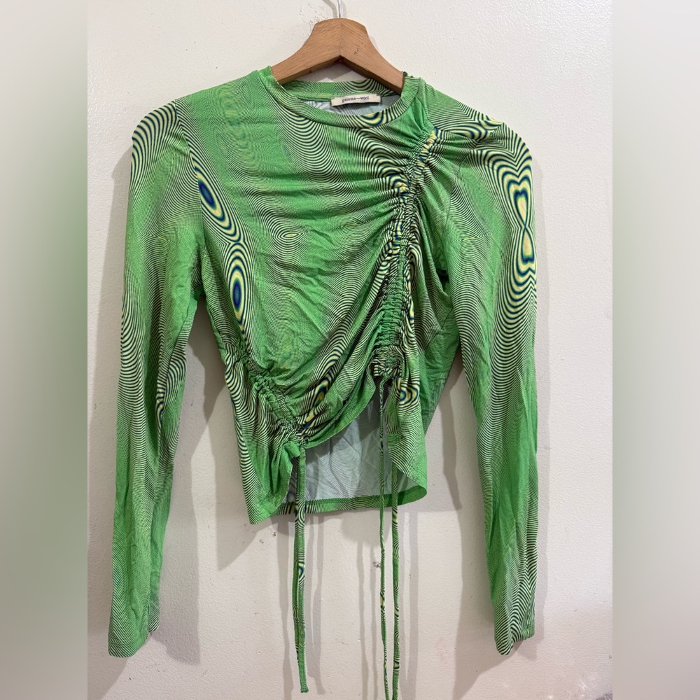 Paloma Wool Neon Green Ruched Long Sleeve Tee with Drawstrings